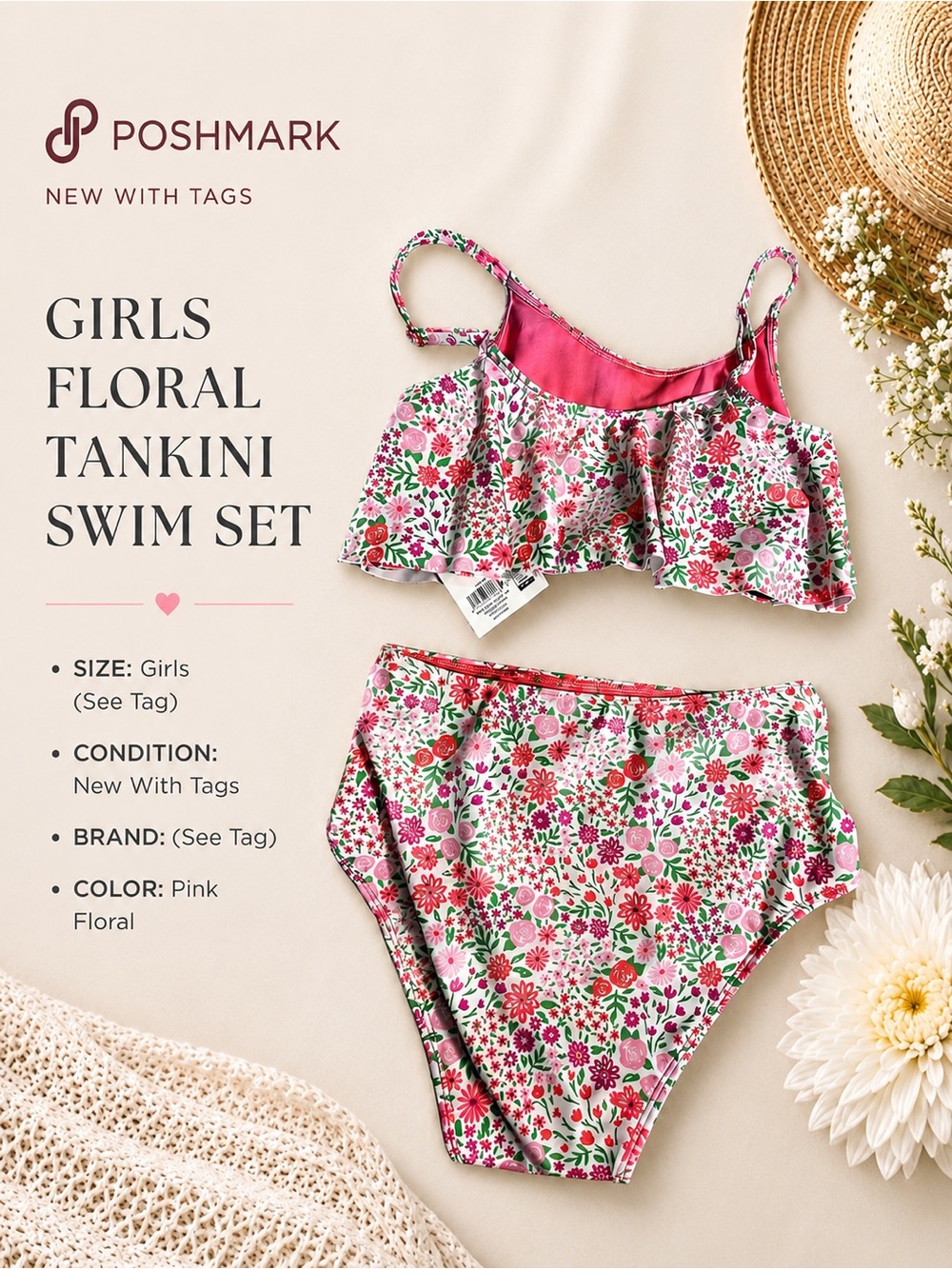 NWT Girls Floral Pink Tankini Swim Set Size Large